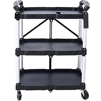 3 tier Folding Service Cart with Wheels Collapsible Utility Rolling Cart Portable Tool Cart