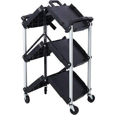 3-Tier Folding Service Cart with Wheels Collapsible Utility Rolling Cart Portable Tool Cart