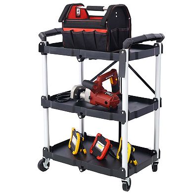 3-Tier Folding Service Cart with Wheels Collapsible Utility Rolling Cart Portable Tool Cart