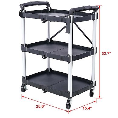 3-Tier Folding Service Cart with Wheels Collapsible Utility Rolling Cart Portable Tool Cart