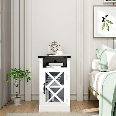 White Nightstand with Charging Station Farmhouse End Table with USB Adjustable Shelf Storage