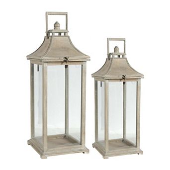 Wooden Candle Lantern Set of 2 with Glass Panels Decorative Hurricane Lantern for Home Decor
