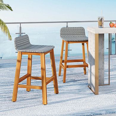 Solid Acacia Wood Bar Stools with PE Rattan Seat