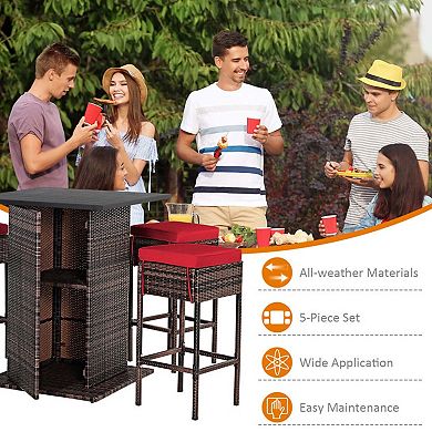 5-Piece Rattan Bar Set with Hidden Storage Table