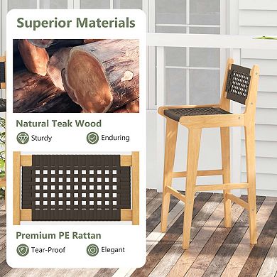 Teak Wood Bar Stool with Hand-Woven PE Rattan Backrest