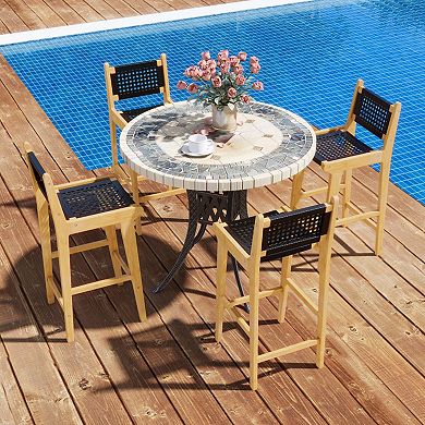 Teak Wood Bar Stool with Hand-Woven PE Rattan Backrest