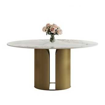 59" Modern Round Dining Table for 6-8, Glossy White Sintered Stone Top, Stainless Steel Base