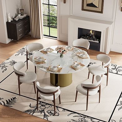 59" Modern Round Dining Table for 6-8, Glossy White Sintered Stone Top, Stainless Steel Base