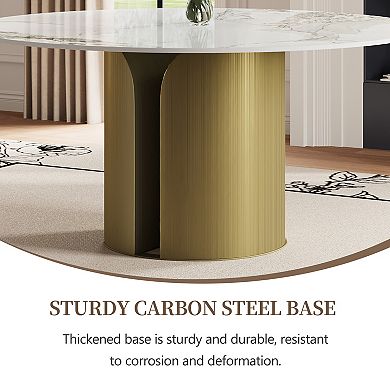 59" Modern Round Dining Table for 6-8, Glossy White Sintered Stone Top, Stainless Steel Base