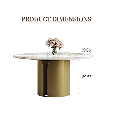 59" Modern Round Dining Table for 6-8, Glossy White Sintered Stone Top, Stainless Steel Base