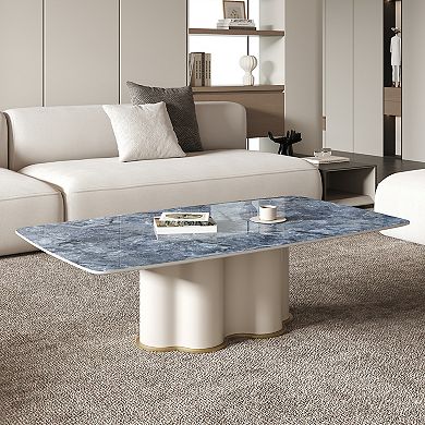 51" Modern Rectangular Coffee Table, Blue Glossy Sintered Stone Top