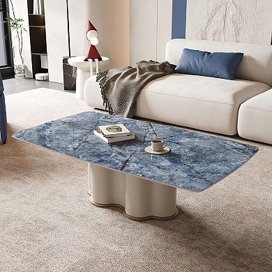51" Modern Rectangular Coffee Table, Blue Glossy Sintered Stone Top