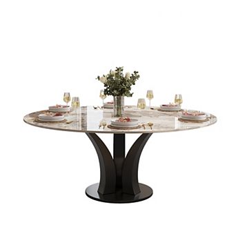 Modern 59" Round Dining Table for 6-8, Glossy Sintered Stone Top, Carbon Steel Base