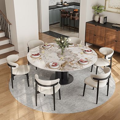 Modern 59" Round Dining Table for 6-8, Glossy Sintered Stone Top, Carbon Steel Base