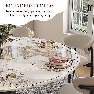 Modern 59" Round Dining Table for 6-8, Glossy Sintered Stone Top, Carbon Steel Base