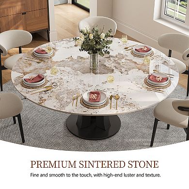 Modern 59" Round Dining Table for 6-8, Glossy Sintered Stone Top, Carbon Steel Base