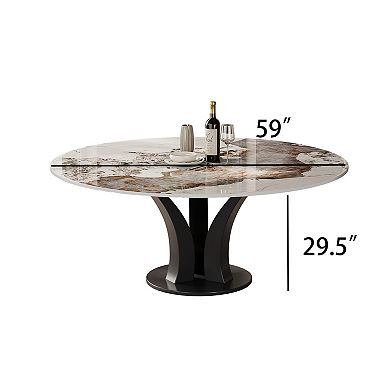 Modern 59" Round Dining Table for 6-8, Glossy Sintered Stone Top, Carbon Steel Base