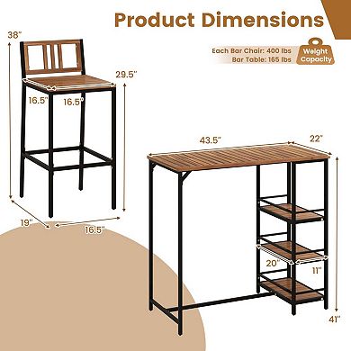 3-Piece Acacia Wood and Metal Bar Set with Shelves
