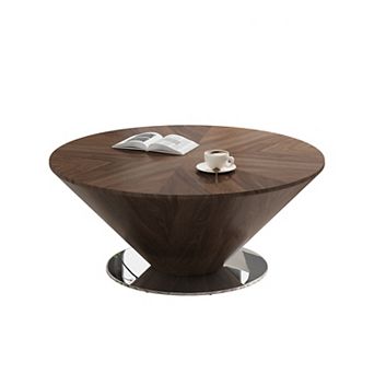 33" Mid-Century Modern Round Coffee Table, Walnut Wood Veneer with Polished Stainless Steel Base