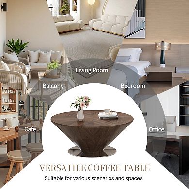 33" Mid-Century Modern Round Coffee Table, Walnut Wood Veneer with Polished Stainless Steel Base