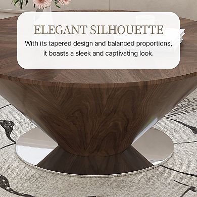 33" Mid-Century Modern Round Coffee Table, Walnut Wood Veneer with Polished Stainless Steel Base