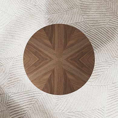 33" Mid-Century Modern Round Coffee Table, Walnut Wood Veneer with Polished Stainless Steel Base