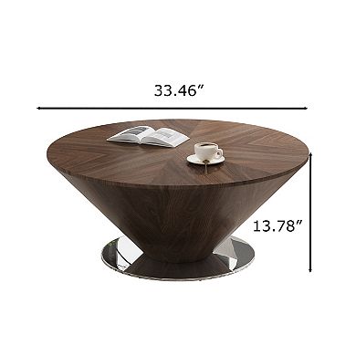 33" Mid-Century Modern Round Coffee Table, Walnut Wood Veneer with Polished Stainless Steel Base