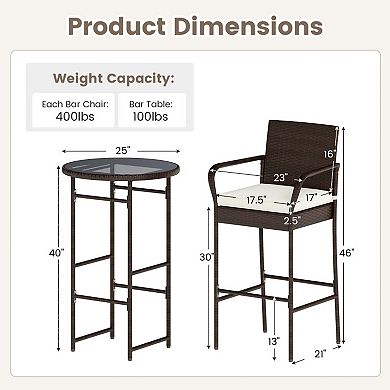 3-Piece Rattan Bar Set with Tempered Glass Table and Cushions