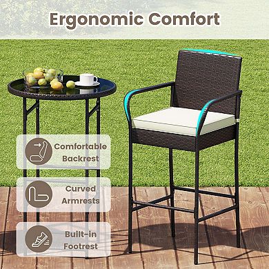 3-Piece Rattan Bar Set with Tempered Glass Table and Cushions