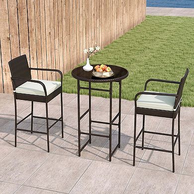 3-Piece Rattan Bar Set with Tempered Glass Table and Cushions
