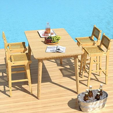 Teak Wood Bar Stool with PE Rattan Backrest and Footrest
