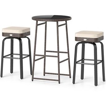 3 pc Swivel Rattan Bar Set with Glass Table and Cushions