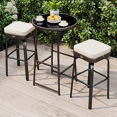 3-Piece Swivel Rattan Bar Set with Glass Table and Cushions