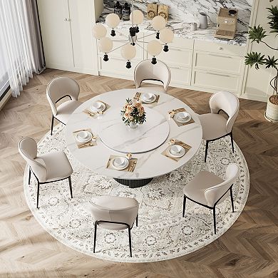 59" Modern Round Dining Table for 6-8 People, Glossy Sintered Stone Top