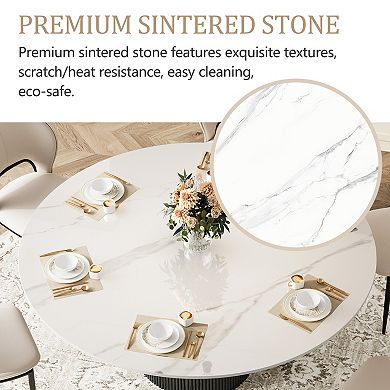 59" Modern Round Dining Table for 6-8 People, Glossy Sintered Stone Top