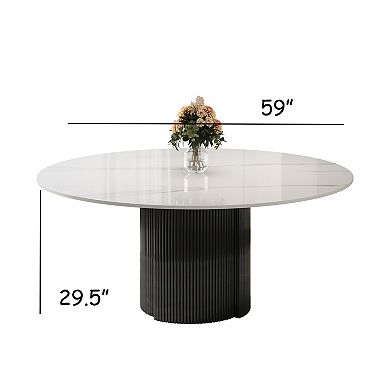59" Modern Round Dining Table for 6-8 People, Glossy Sintered Stone Top
