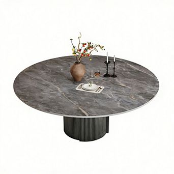 59" Modern Round Dining Table for 6-8 People, Glossy Sintered Stone Top