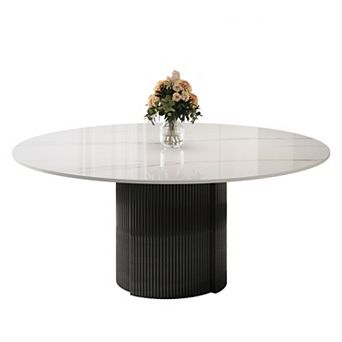 59" Modern Round Dining Table for 6-8 People, Glossy Sintered Stone Top