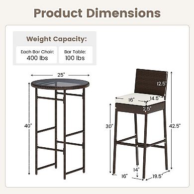 3-Piece Rattan Bar Set with Glass Table and Cushioned Stools