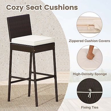 3-Piece Rattan Bar Set with Glass Table and Cushioned Stools