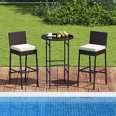 3-Piece Rattan Bar Set with Glass Table and Cushioned Stools