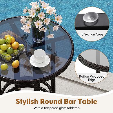 3-Piece Rattan Bar Set with Cushions and Glass Table