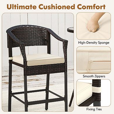 3-Piece Rattan Bar Set with Cushions and Glass Table