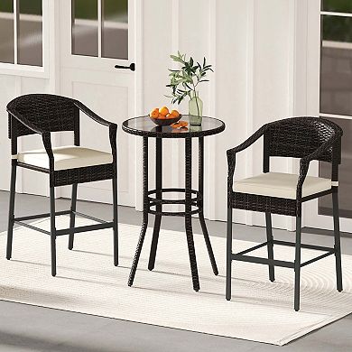 3-Piece Rattan Bar Set with Cushions and Glass Table