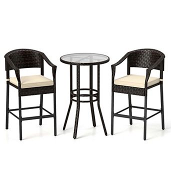 3 pc Rattan Bar Set with Cushions and Glass Table