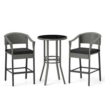 3 pc Rattan Bar Set with Cushions and Glass Table