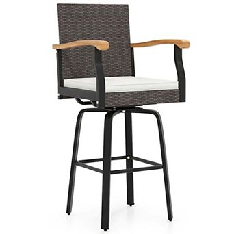 Swivel Rattan Bar Stool with Wood Armrests and Cushion