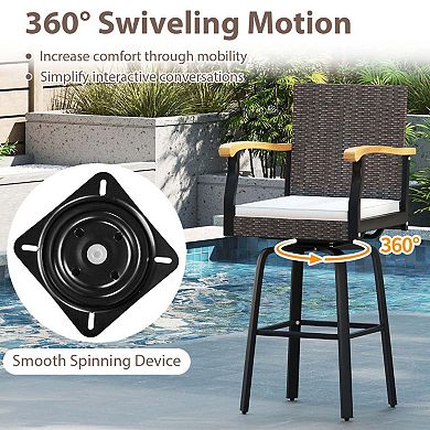 Swivel Rattan Bar Stool with Wood Armrests and Cushion