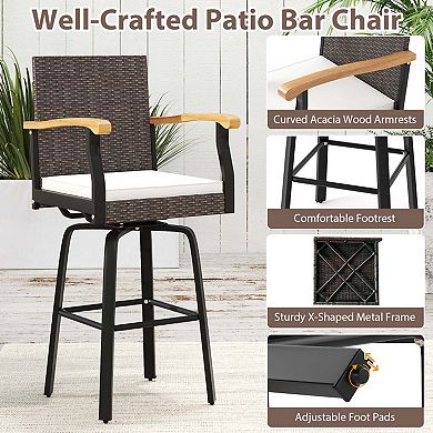 Swivel Rattan Bar Stool with Wood Armrests and Cushion