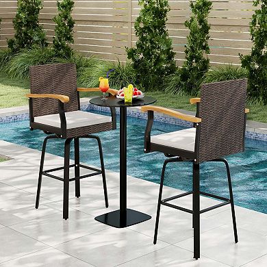 Swivel Rattan Bar Stool with Wood Armrests and Cushion